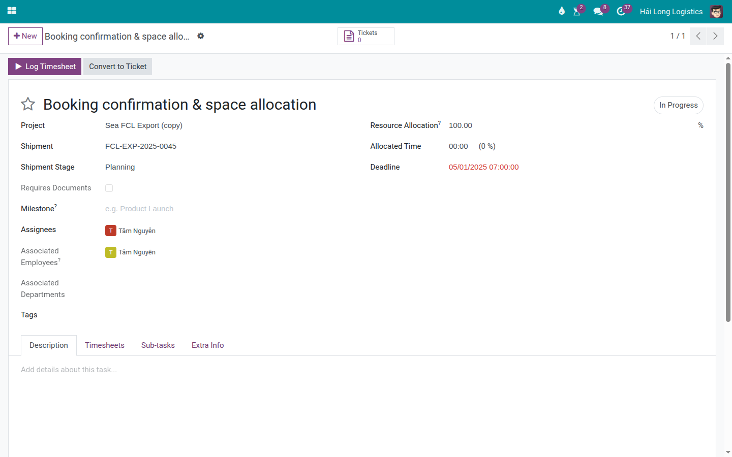 Task "Booking confirmation and space allocation" linked to shipment FCL-EXP-2025-0045, with assignee and deadline fields filled.