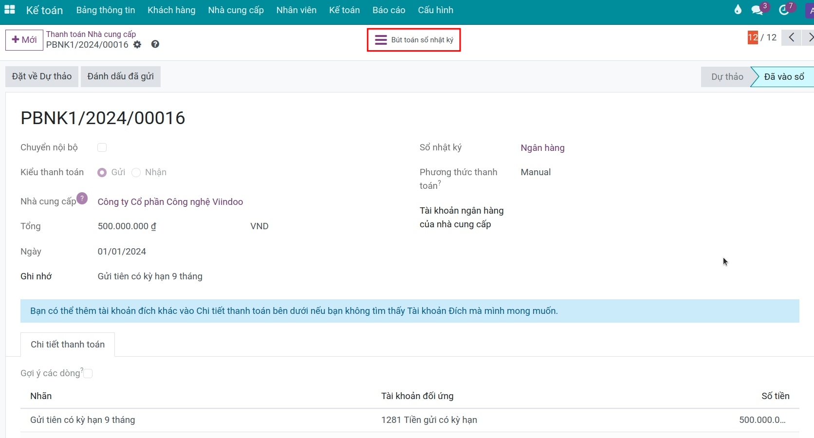 Xem bút toán kế toán trên Viindoo