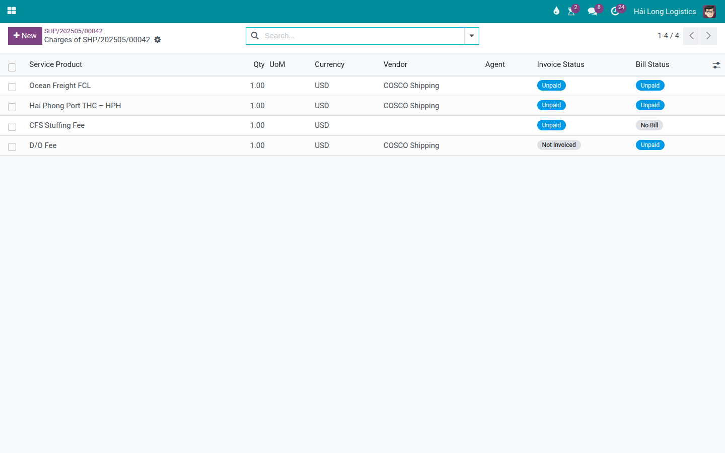 Charges tab after generating the customer invoice, with sell-side charge lines linked to the draft invoice.