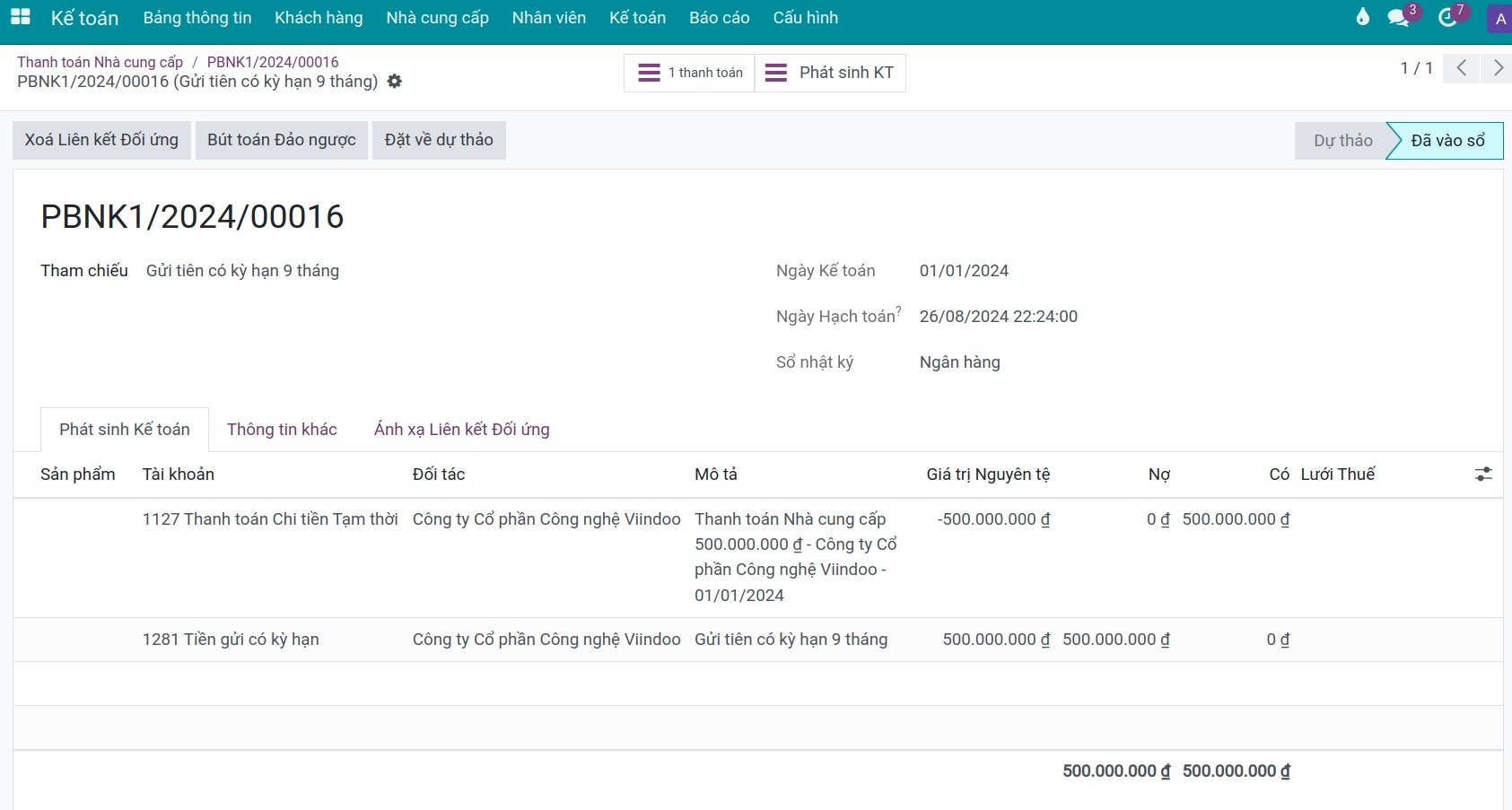 Bút toán sổ nhật ký tiền gửi có kỳ hạn