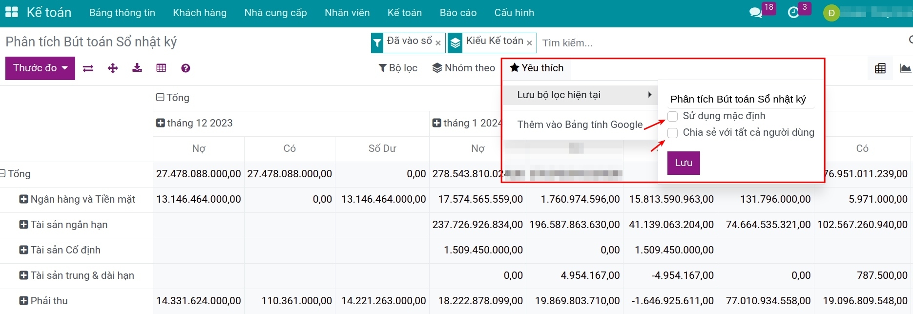 Lưu báo cáo vào bộ lọc yêu thích - Kế toán Viindoo