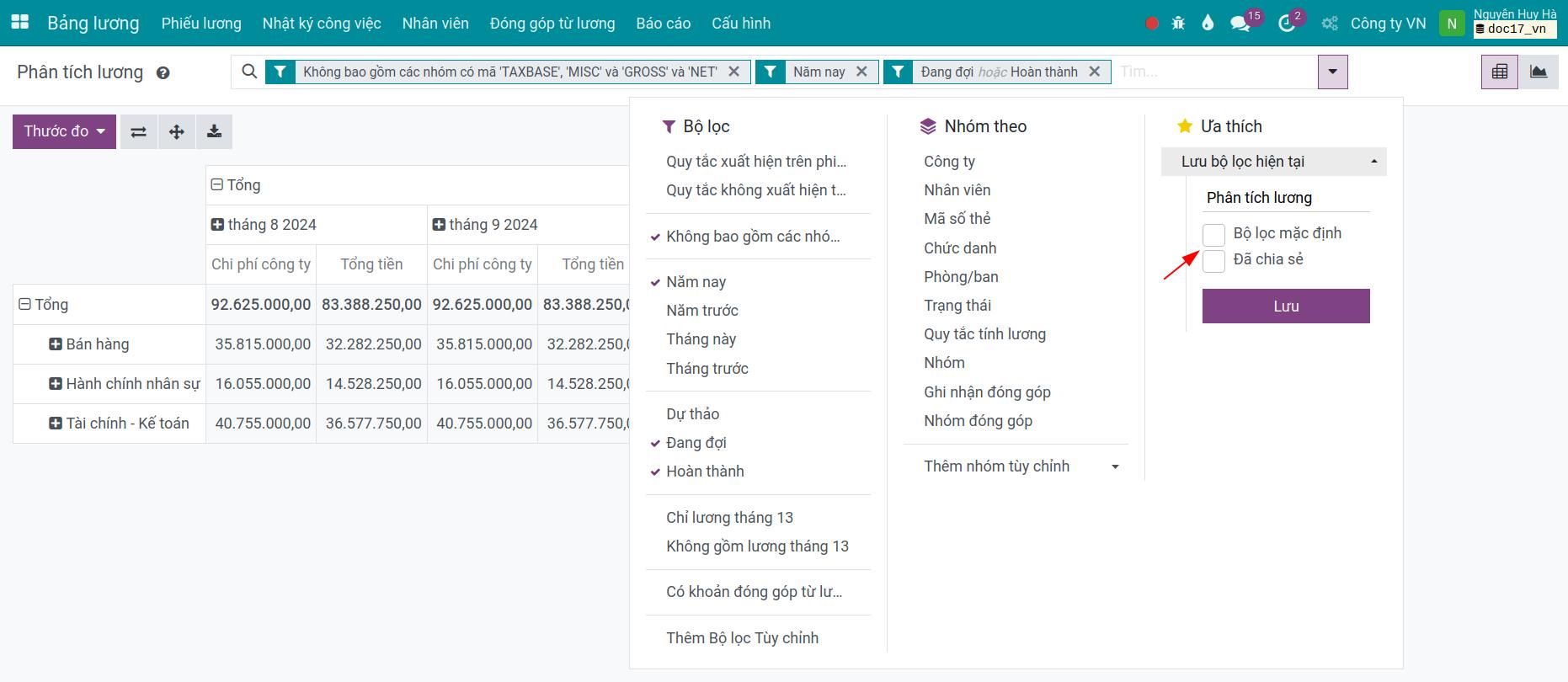 Bộ lọc yêu thích - Phần mềm quản lý tiền lương Viindoo