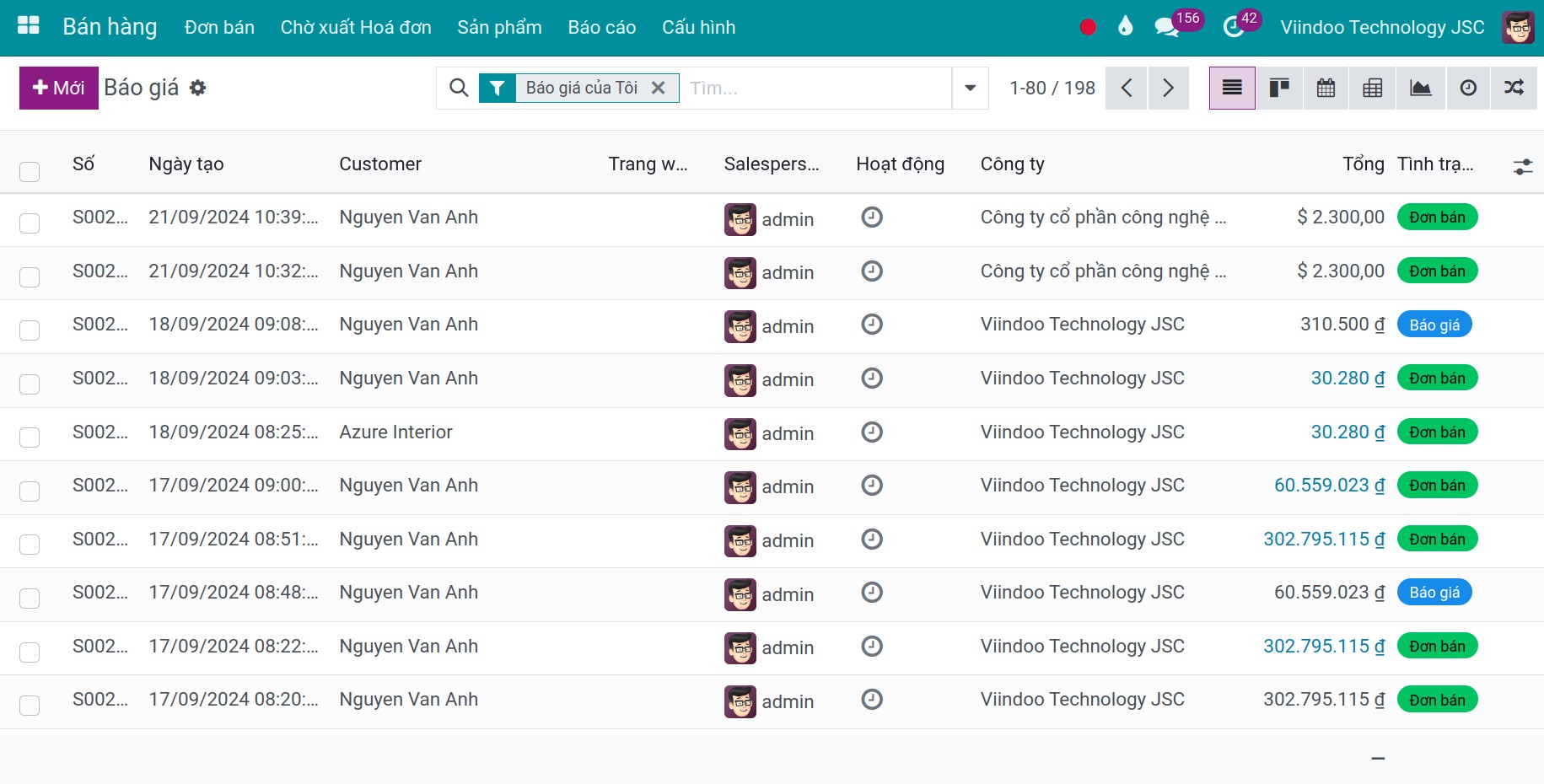 Hiển thị Menu chính trong ứng dụng Bán hàng của phần mềm Viindoo