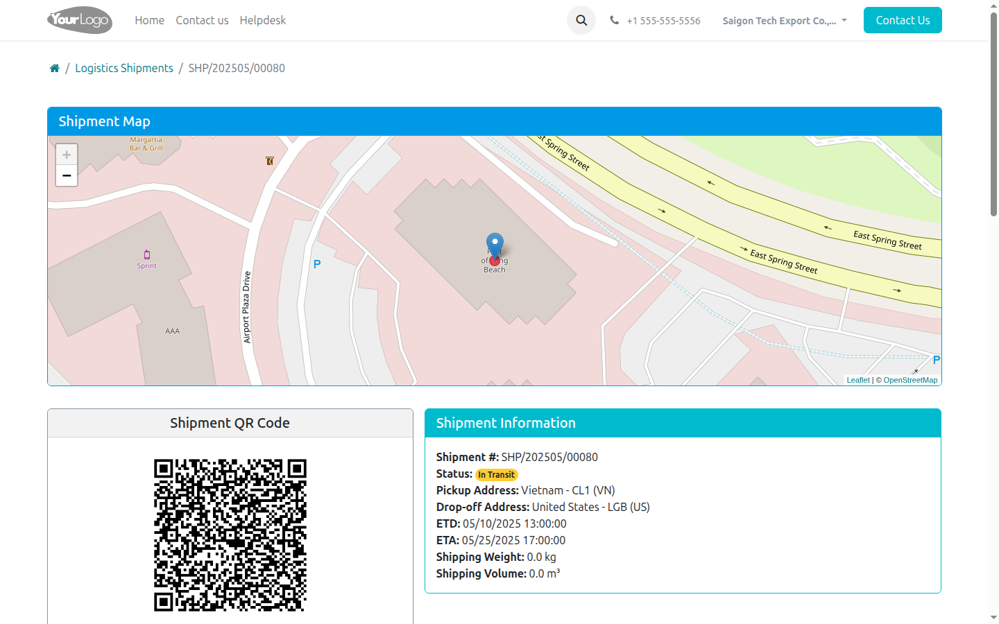 Shipment SHP/202505/00080 detail page on portal — status In Transit, ETD/ETA visible, route VNSGN to USLGB.