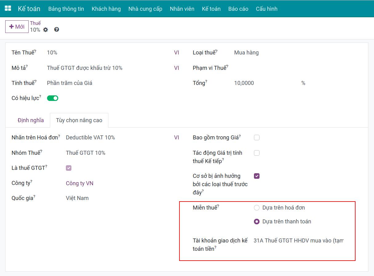 Thiết lập ghi nhận thuế khi giao dịch được thanh toán