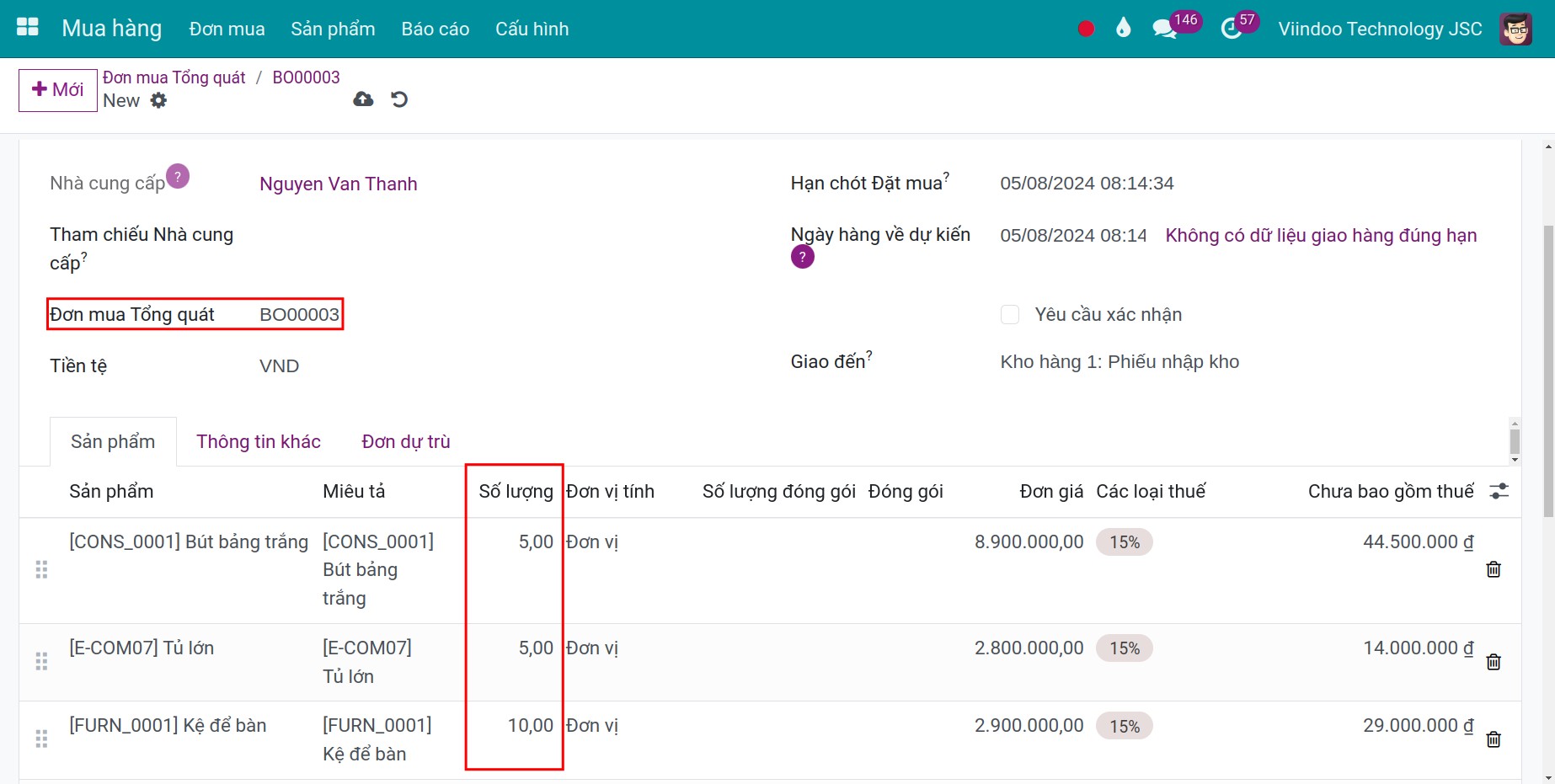 Điền thông tin Yêu cầu báo giá gắn tới đơn mua tổng quát