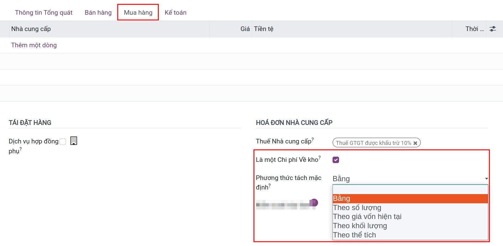 Cấu hình sản phẩm Chi phí về kho - Viindoo Accounting