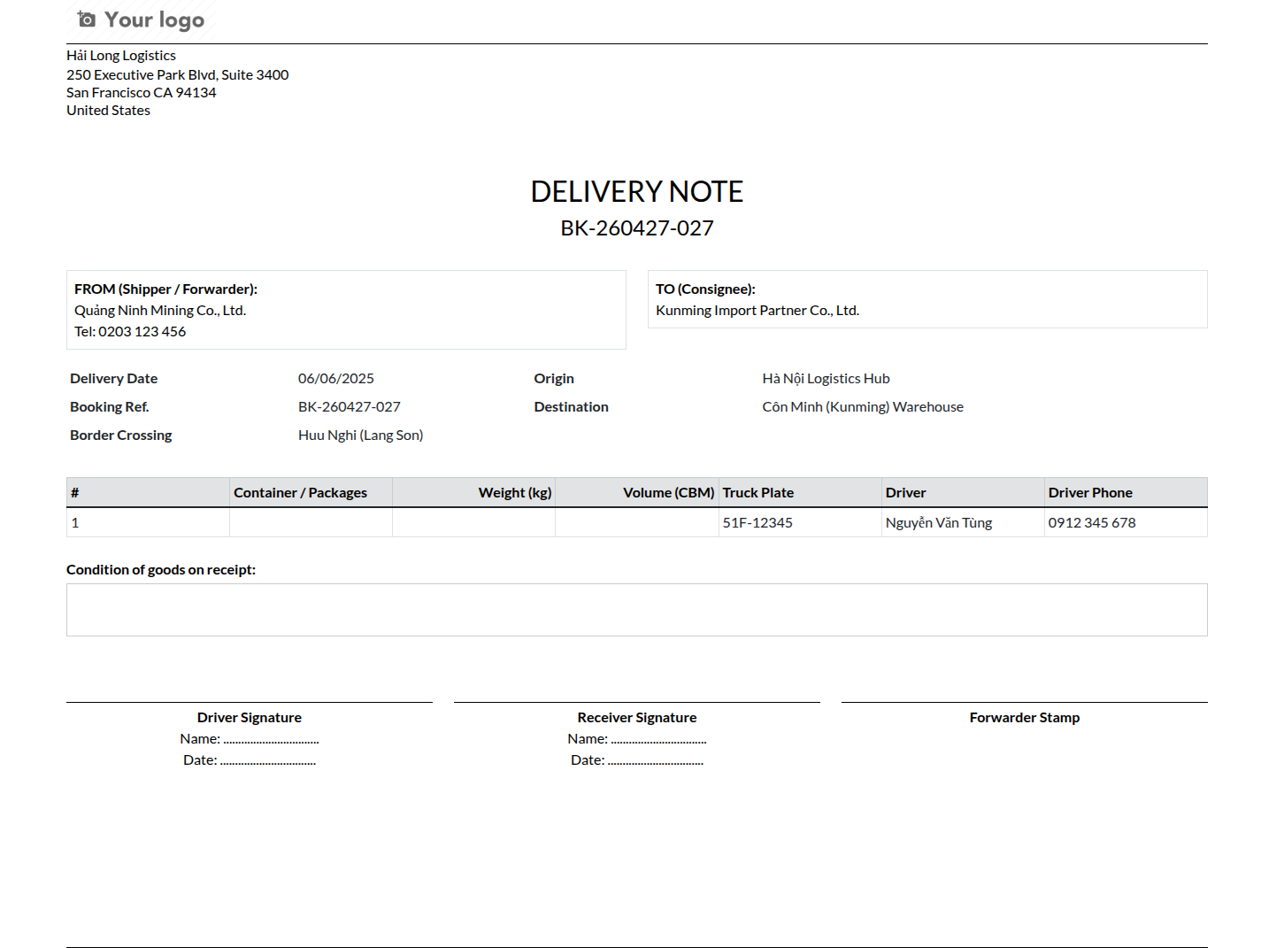 Delivery Note report for the road export booking, used as proof of cargo handover between the driver and the receiving party.