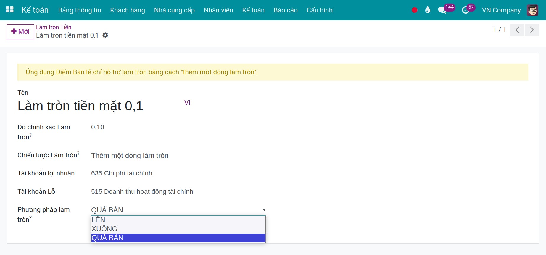 Thông tin quy tắc làm tròn tiền mặt - sửa đổi giá trị thuế - Kế toán Viindoo 