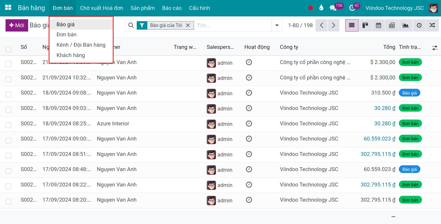 Hiển thị Menu phụ trong ứng dụng Bán hàng của phần mềm Viindoo