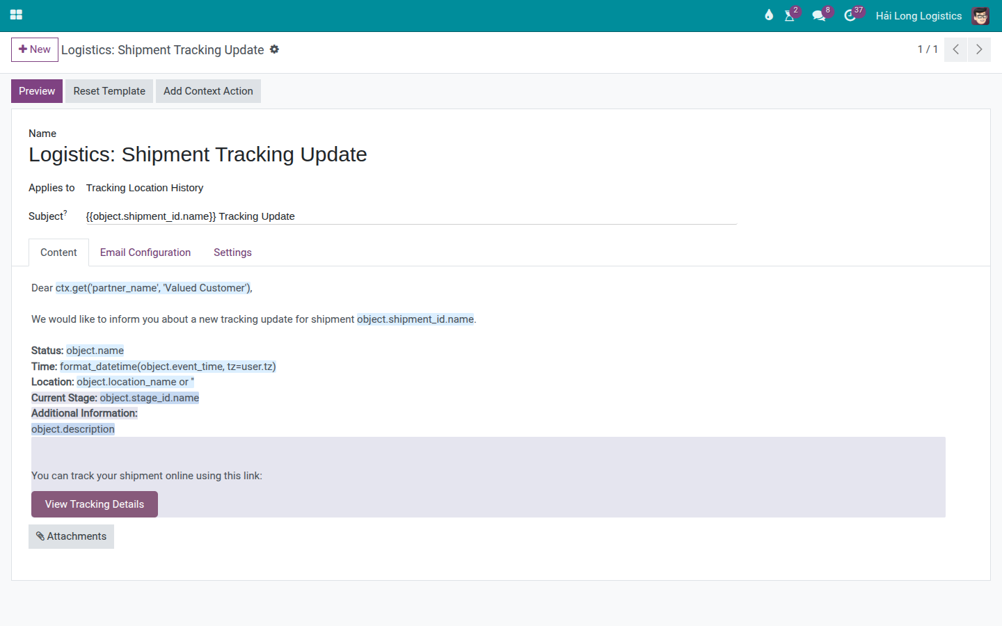 Tracking update email sent to the customer with a button linking to the shipment detail on the portal.