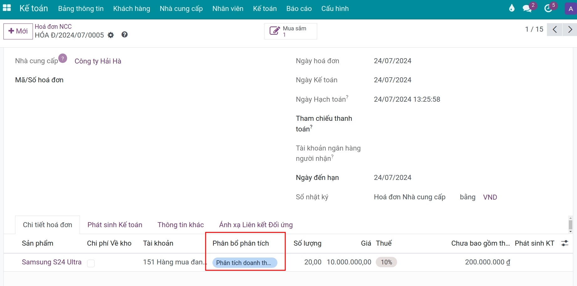 Theo dõi chi phí trên hóa đơn - Kế toán Viindoo