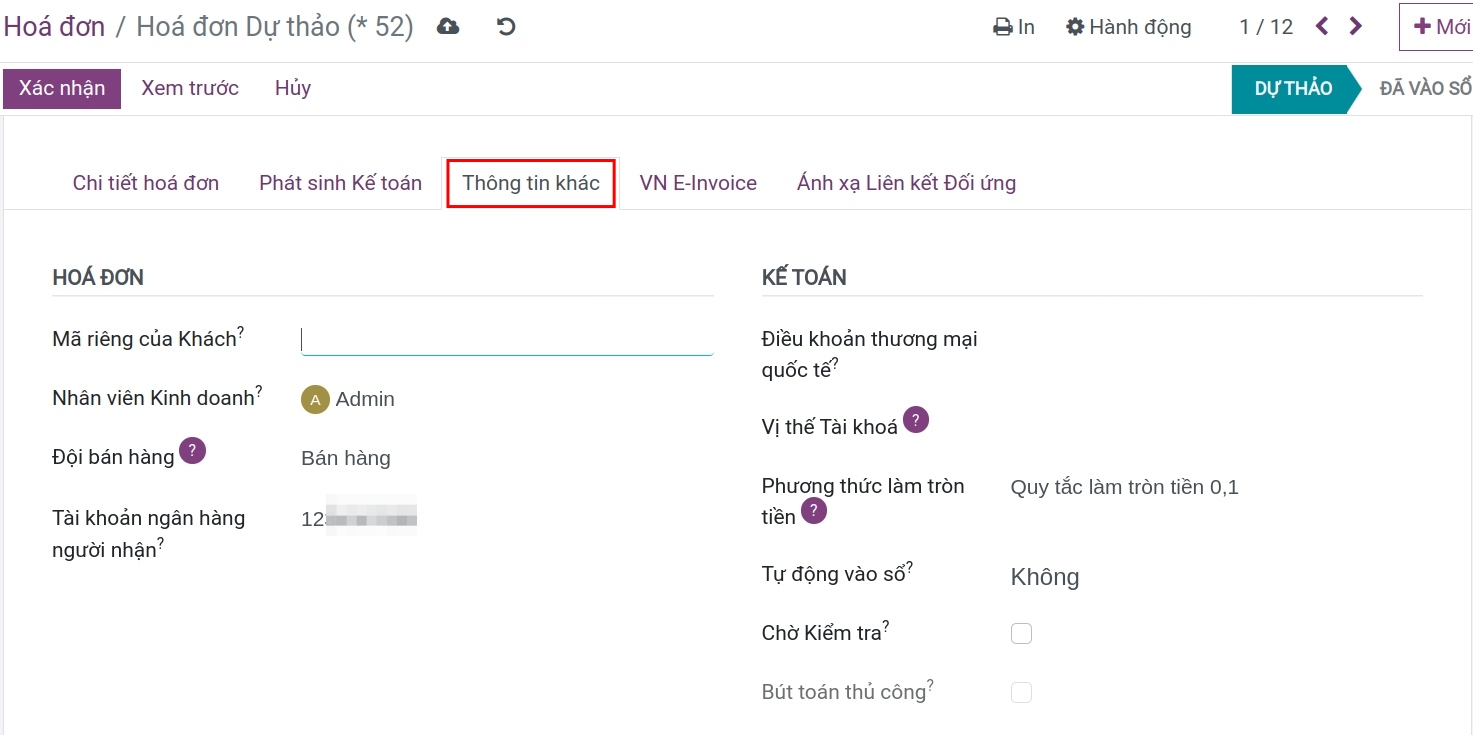 Tab thông tin khác - Phần mềm kế toán Viindoo