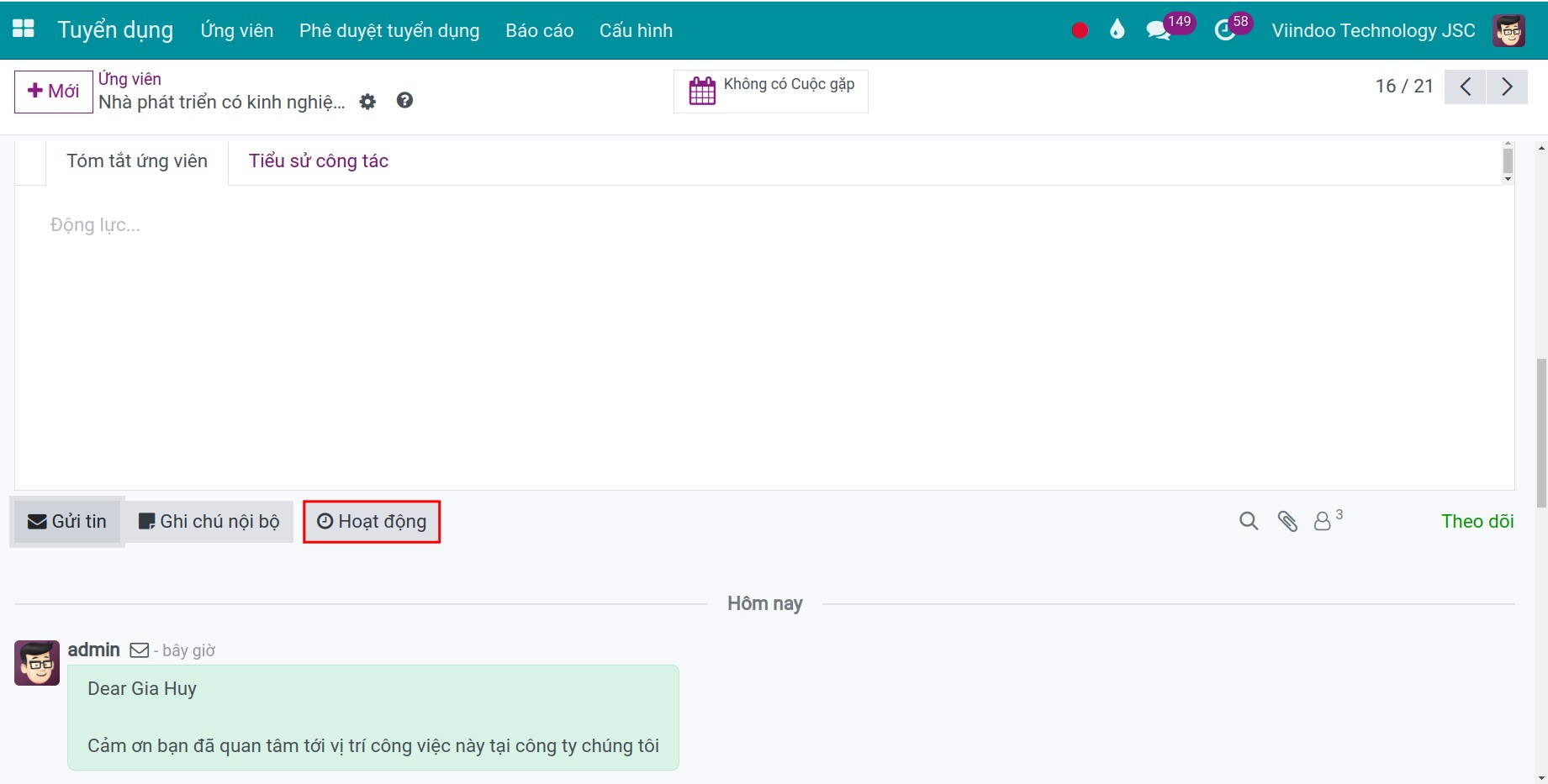Bấm vào nút **Ấn định hoạt động**.