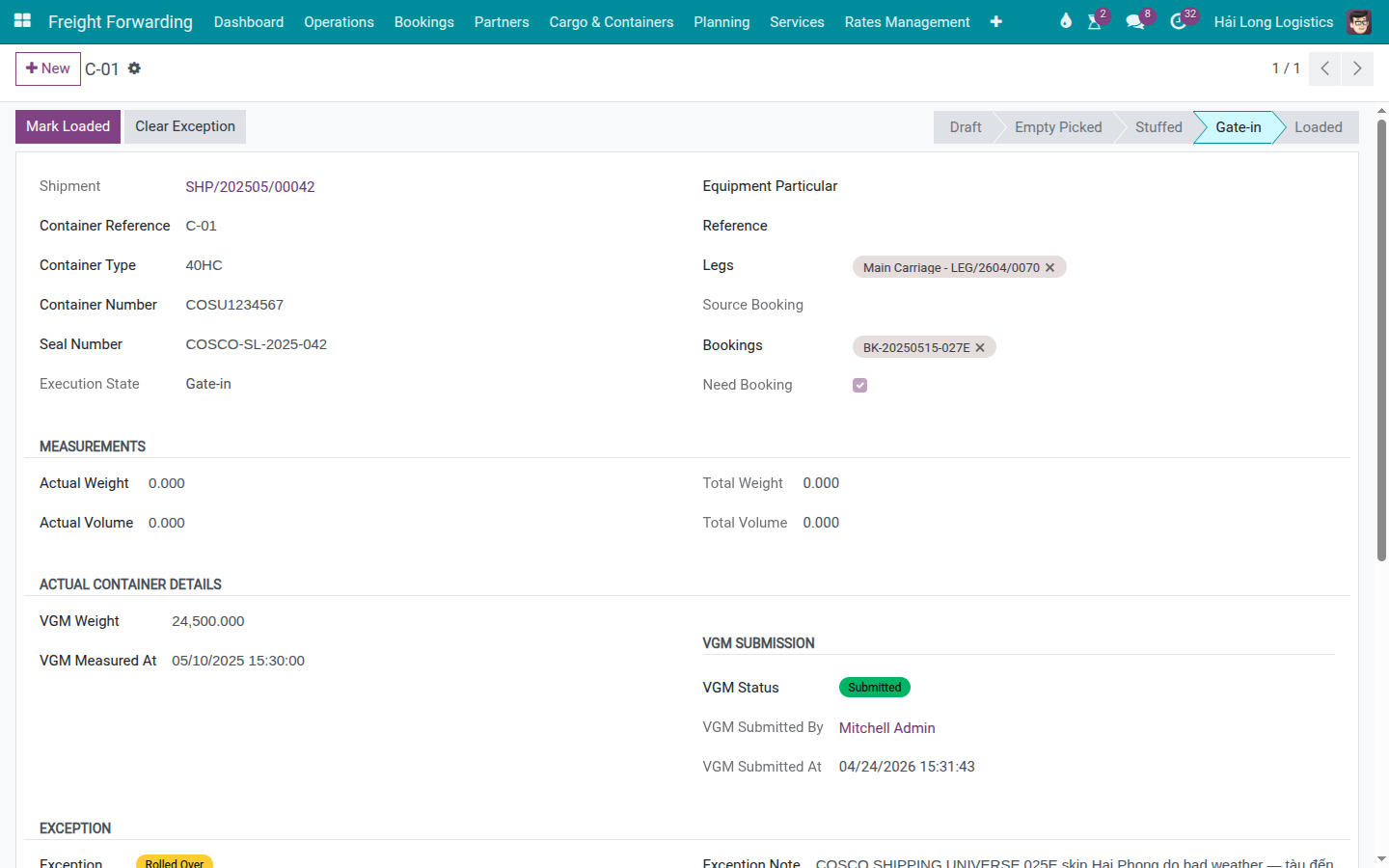 Container COSU1234567 linked to the new replacement booking for voyage 027E.