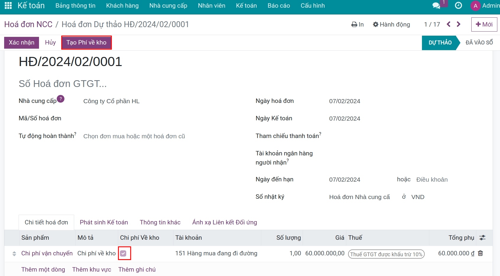 Hóa đơn ghi nhận Chi phí về kho - Viindoo Accounting
