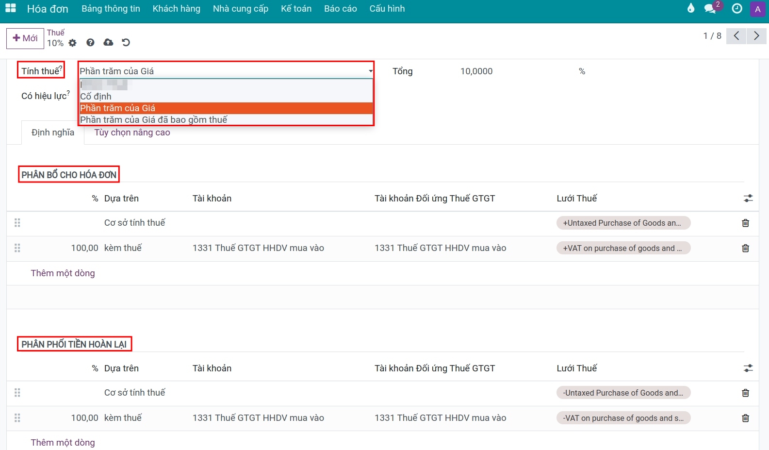 Phân bổ thuế khi sử dụng trên Viindoo