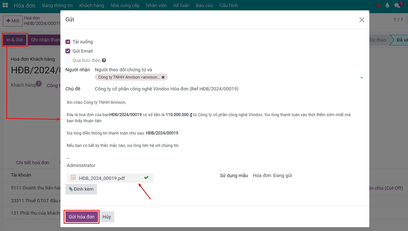 Gửi hóa đơn bán hàng qua email - Phần mềm kế toán Viindoo