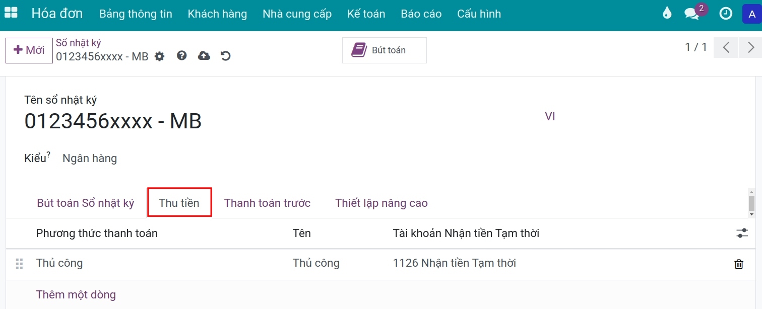 Cấu hình tab thanh toán thu tiền trên sổ nhật ký ngân hàng - Phần mềm kế toán Viindoo