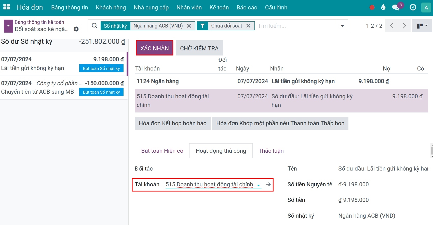 Chọn tài khoản ghi nhận lãi tiền gửi