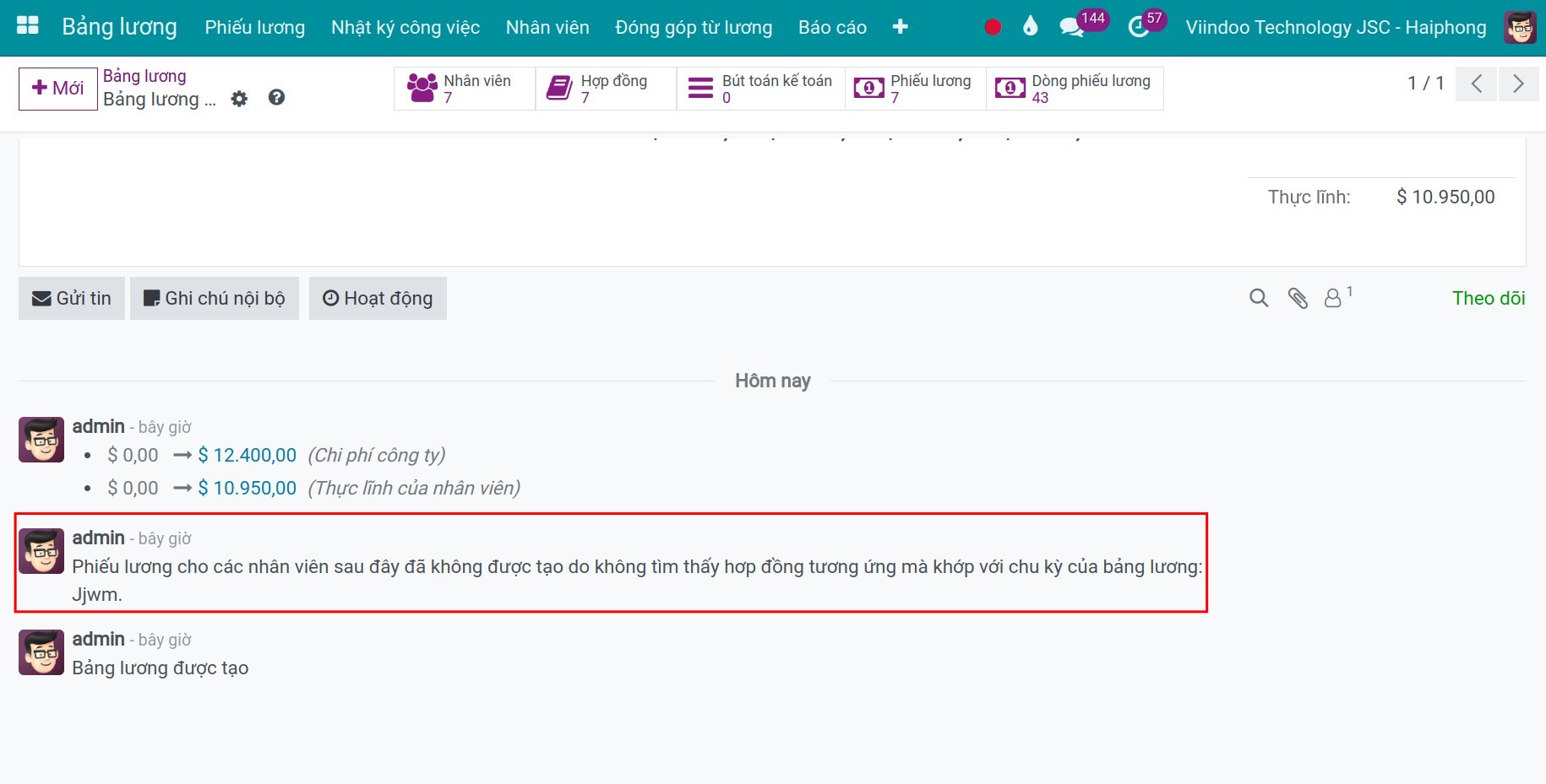 Thông báo về nhân viên không tạo được phiếu lương - Phần mềm quản lý tính lương Viindoo