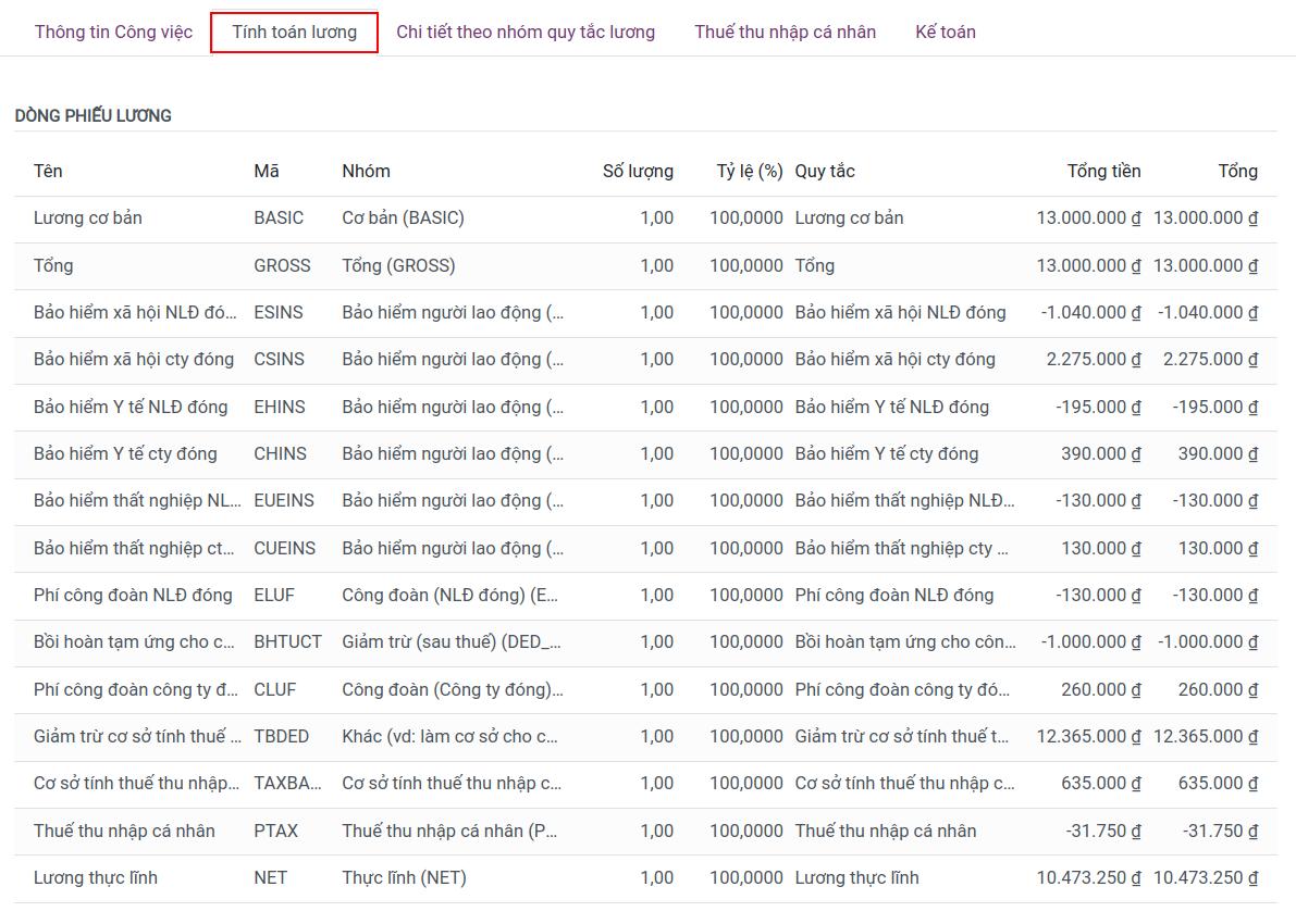 Tab thông tin tính toán lương phiếu lương Viindoo