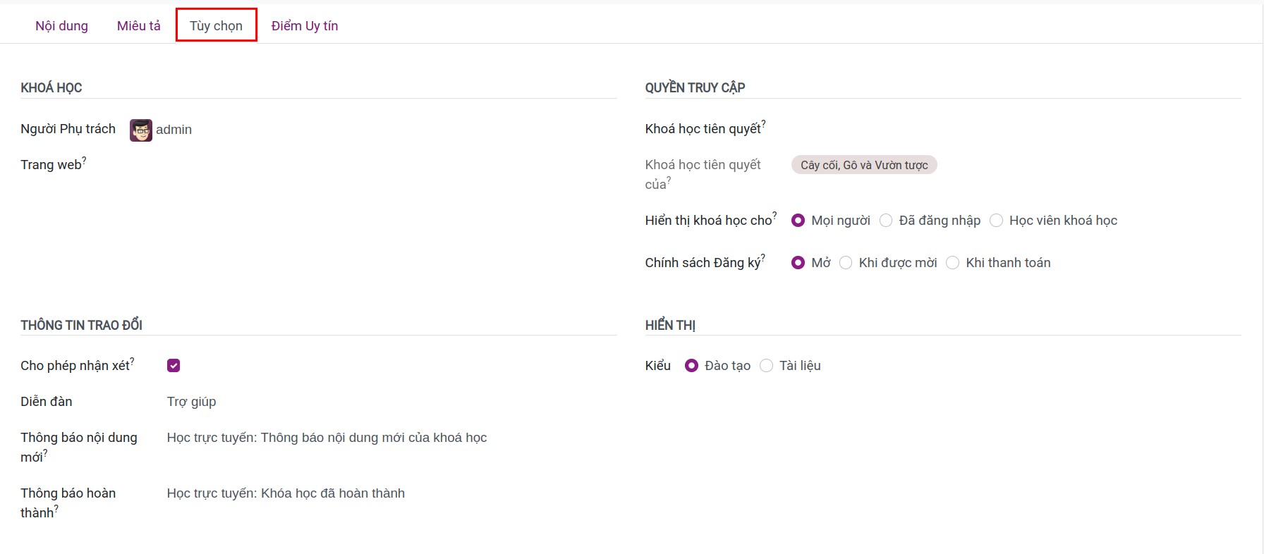 Tuỳ chọn khóa học trực tuyến