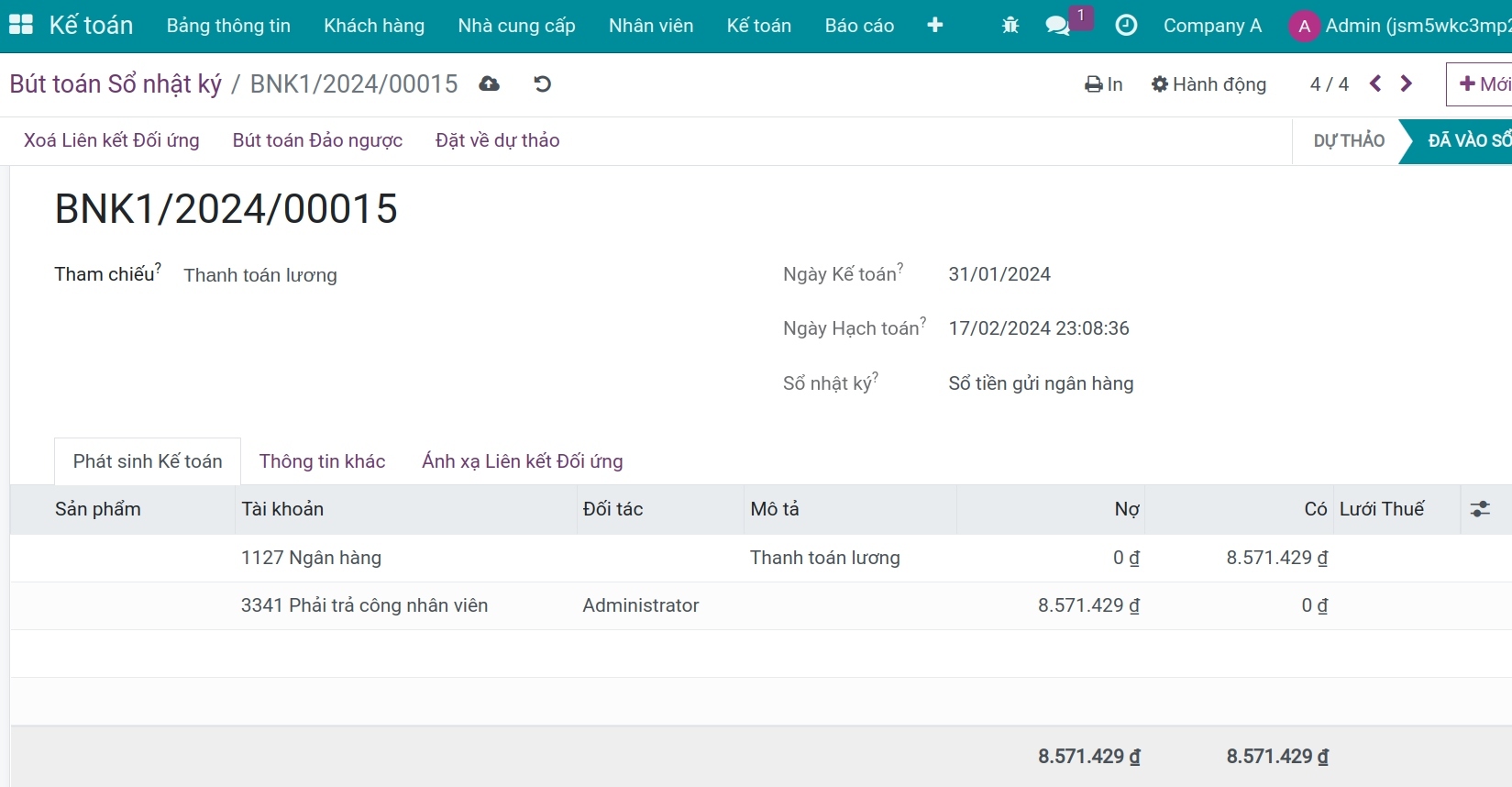 Bút toán thanh toán lương -Kế toán tiền lương Viindoo