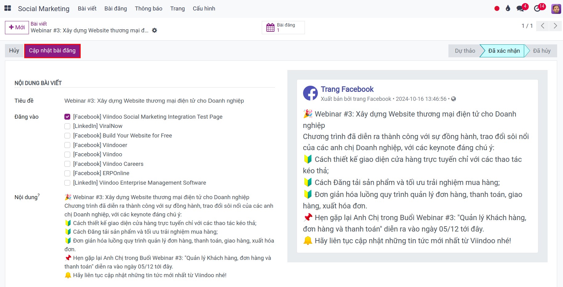 Cập nhật bài đăng trên ứng dụng Social Marketing