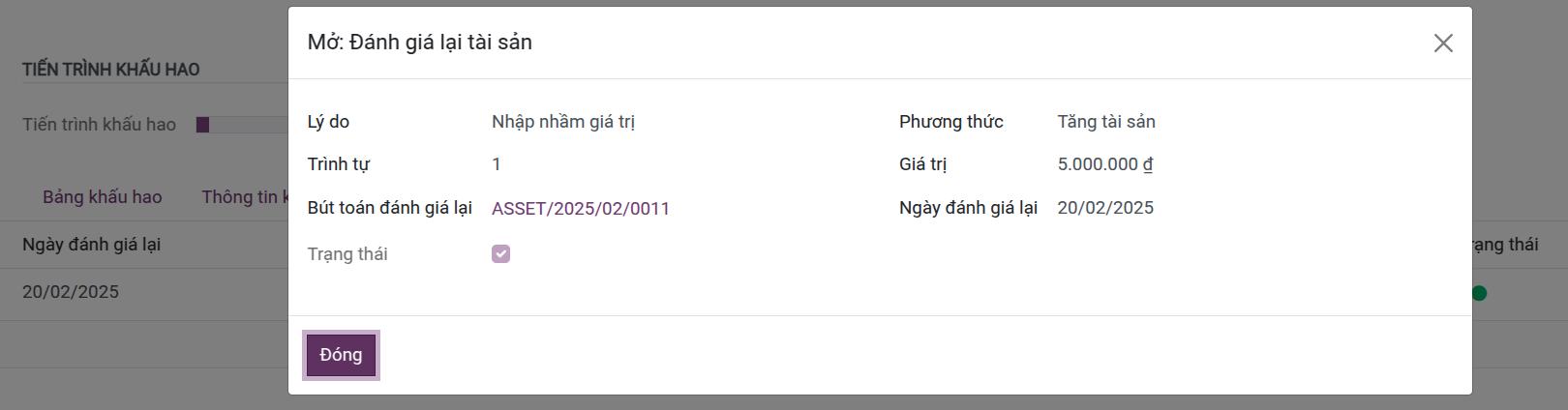 Cửa sổ ghi lại thông tin và lý do đánh giá lại tài sản