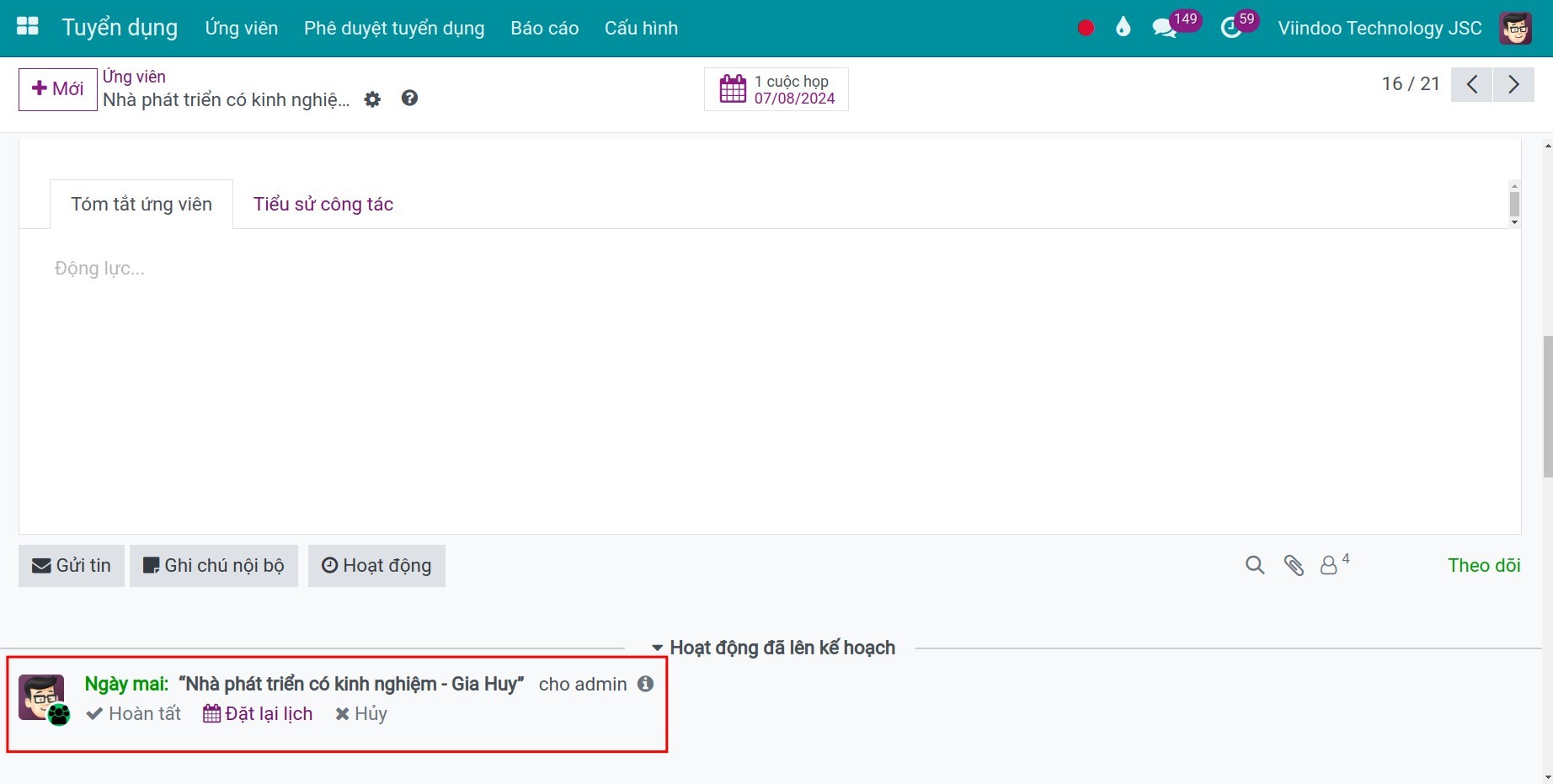 Ấn định hoạt động về buổi phỏng vấn