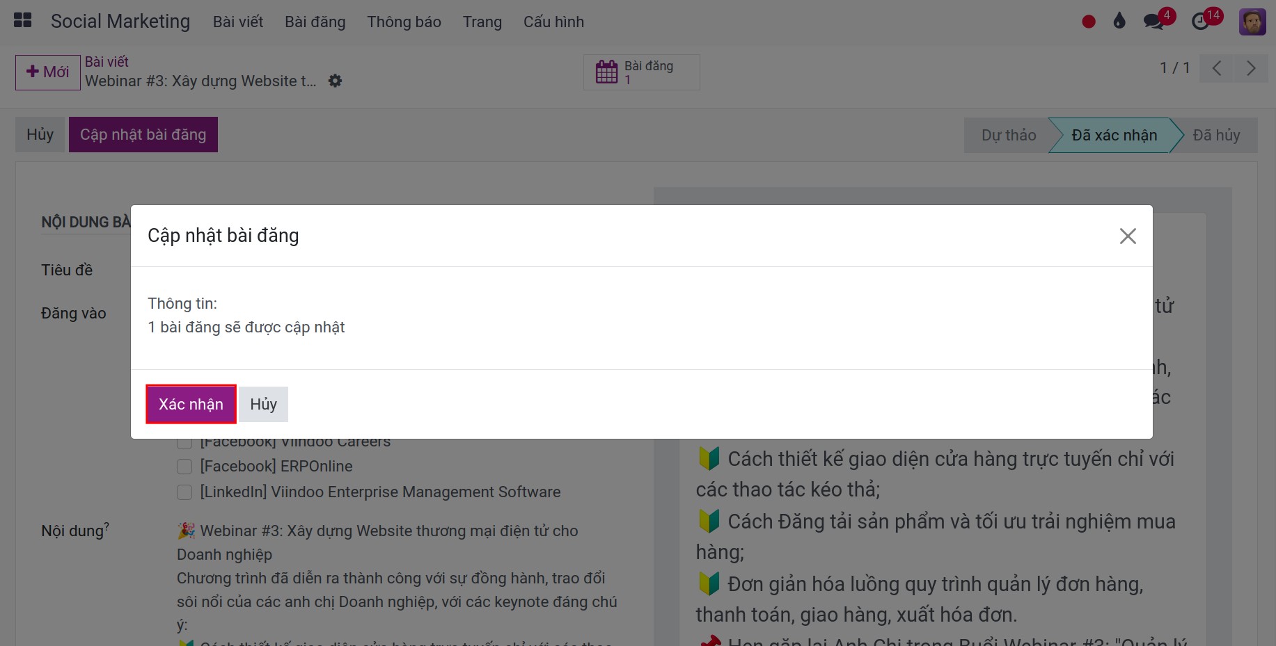 Xác nhận cập nhật bài đăng trên mạng xã hội