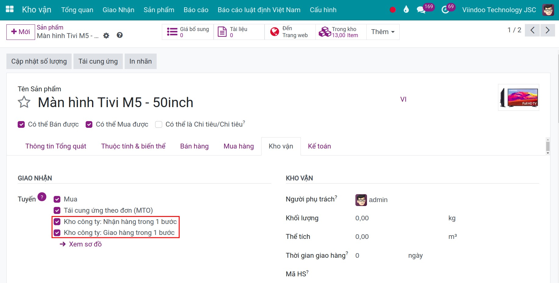 Cấu hình tuyến trên sản phẩm Kho vận Viindoo