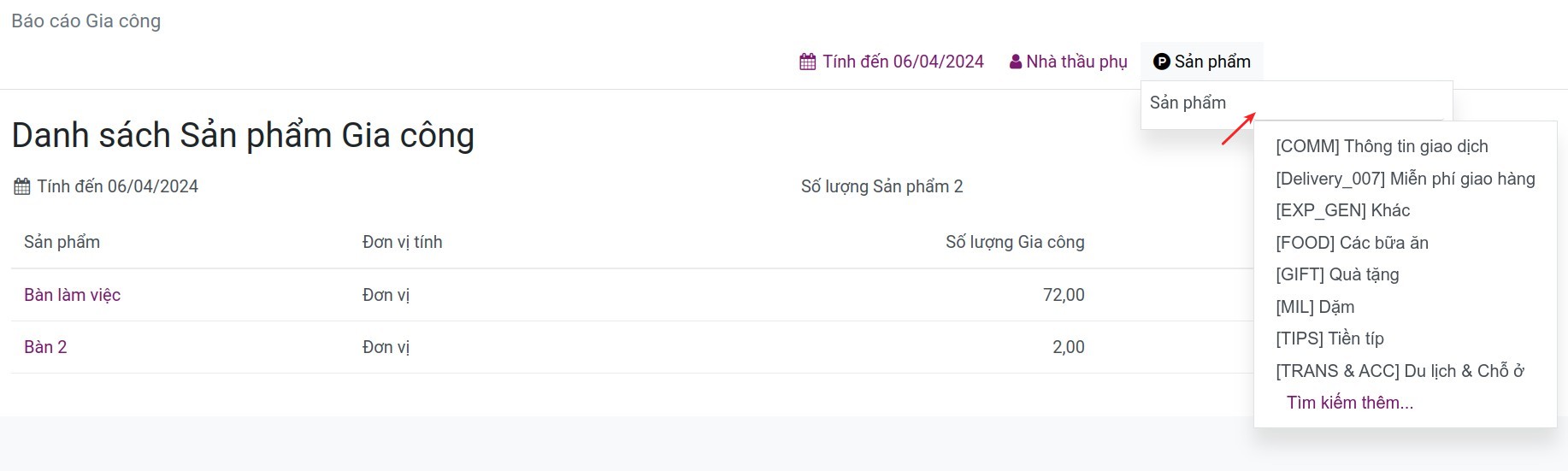Lọc báo cáo theo từng sản phẩm
