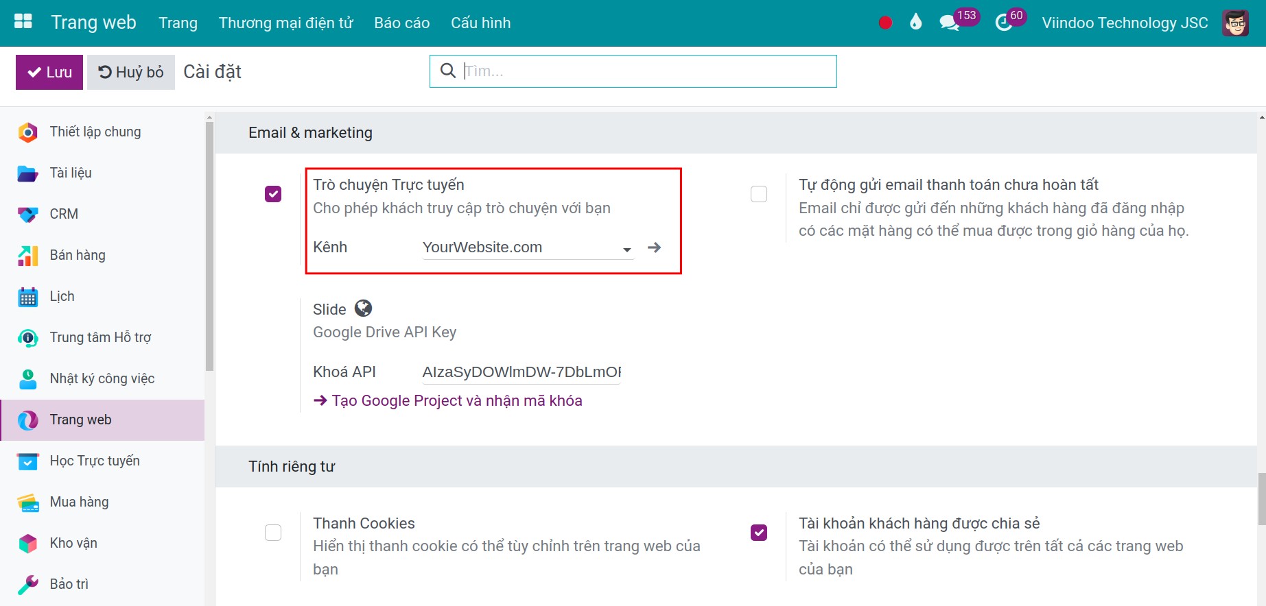 Liên kết kênh chat với website