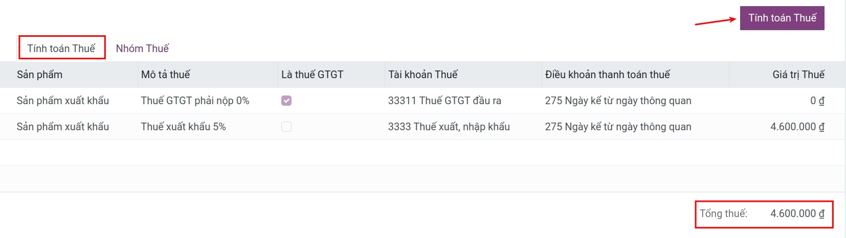 Tính toán thuế xuất khẩu Viindoo