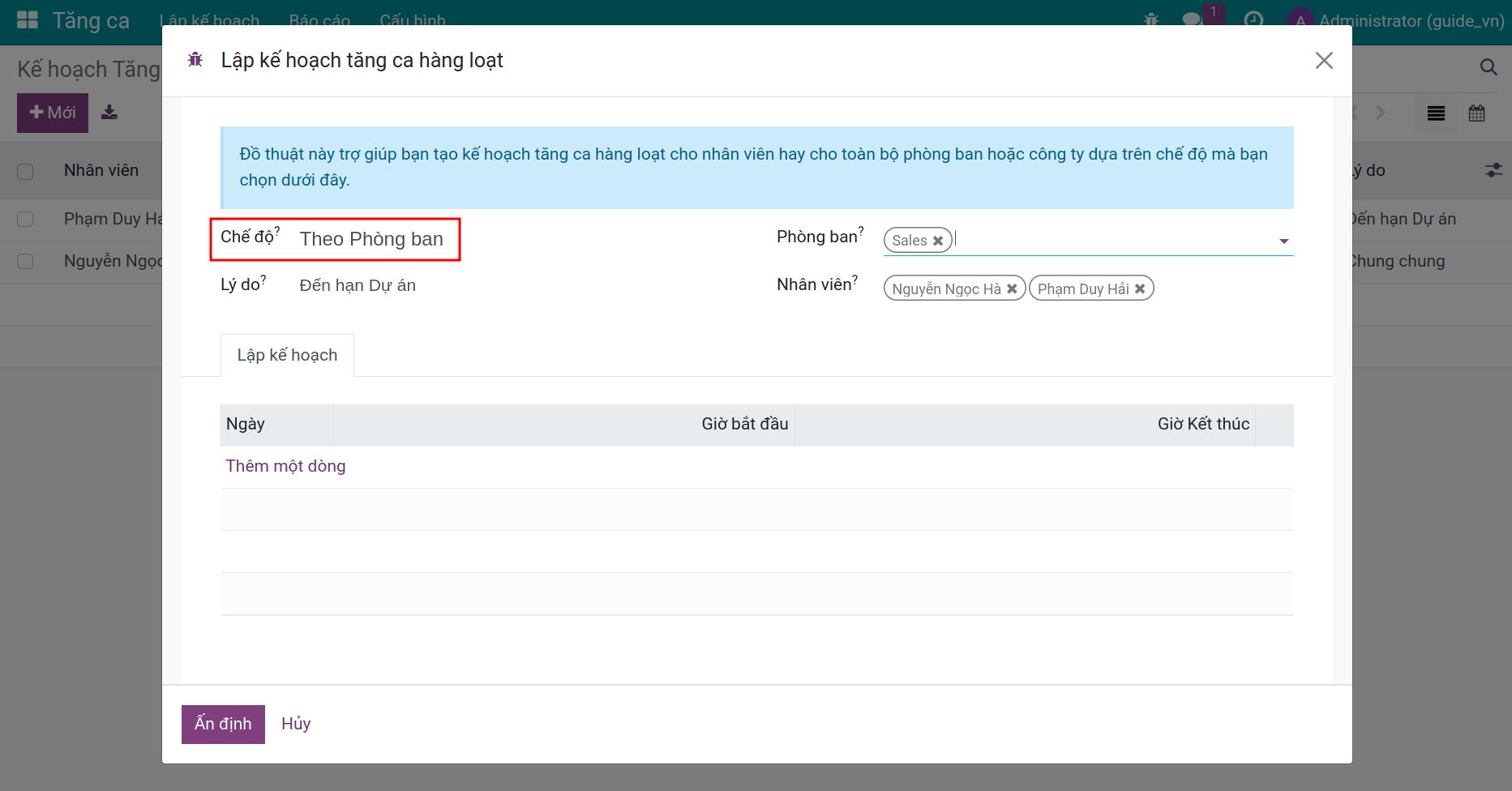 Chế độ theo phòng ban