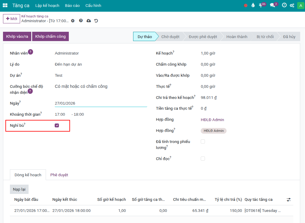 Nhân viên đề nghị tăng ca và chọn nhận ngày nghỉ bù