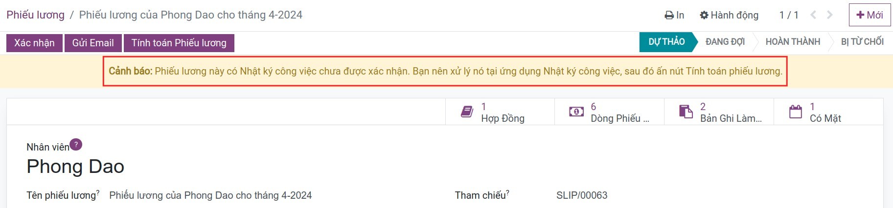 Cảnh báo về nhật ký công việc