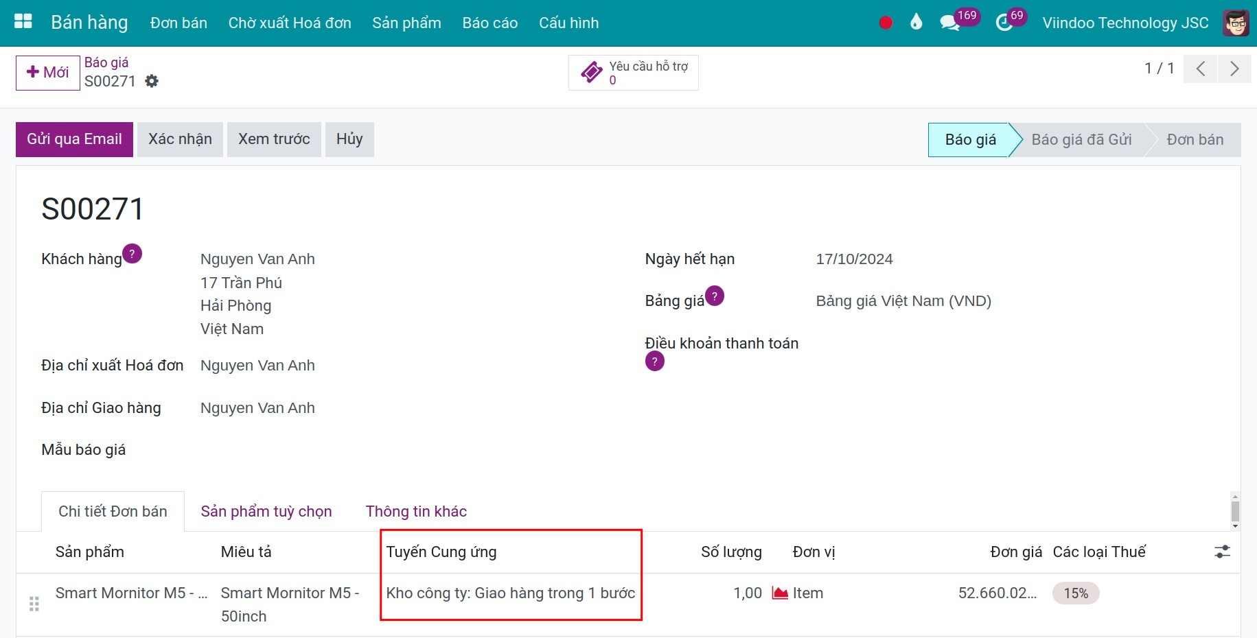 Cấu hình tuyến trên báo giá Kho vận Viindoo