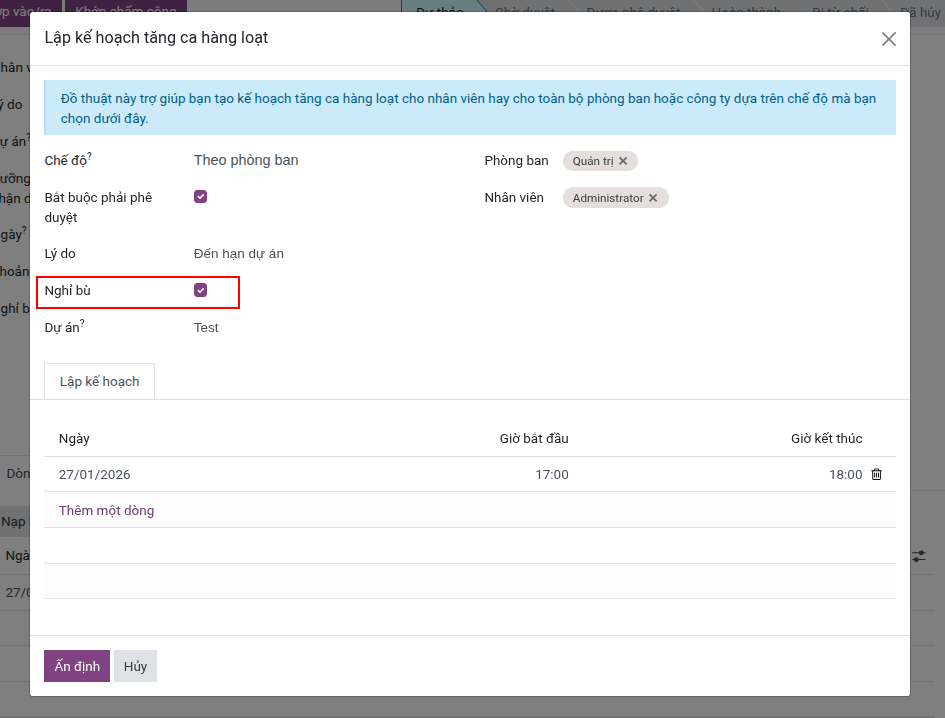 Nhân viên đề nghị tăng ca và chọn nhận ngày nghỉ bù