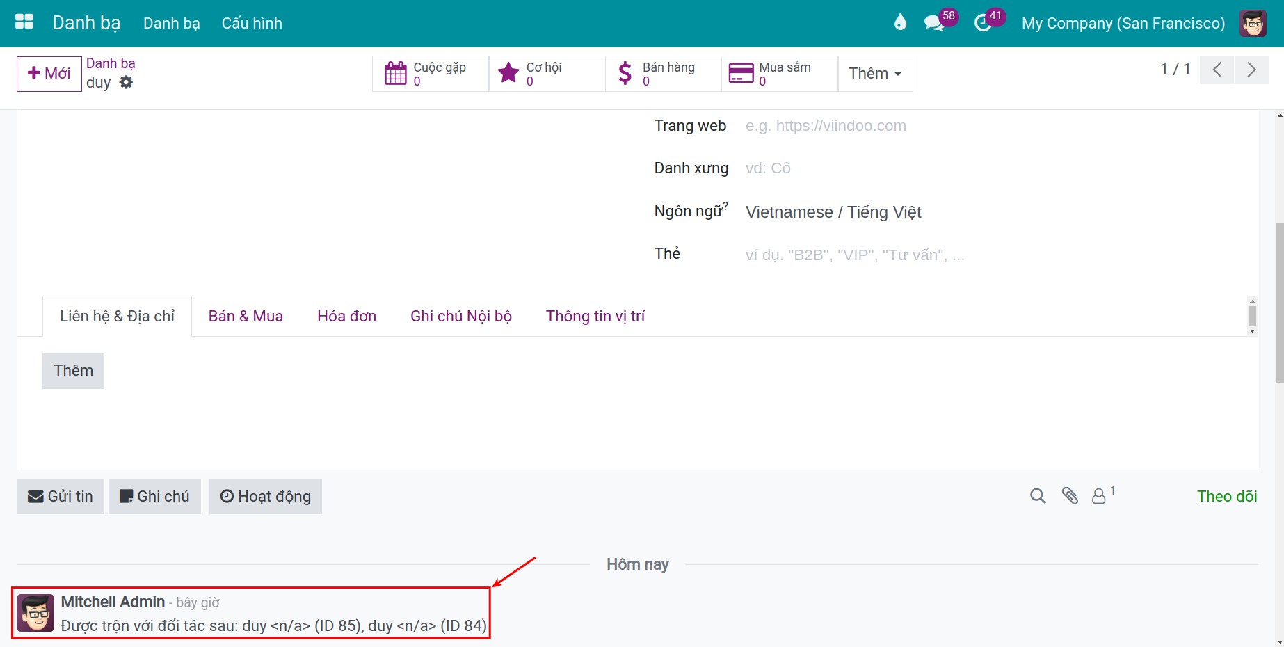 hiển thị một ghi chú trong liên hệ đích
