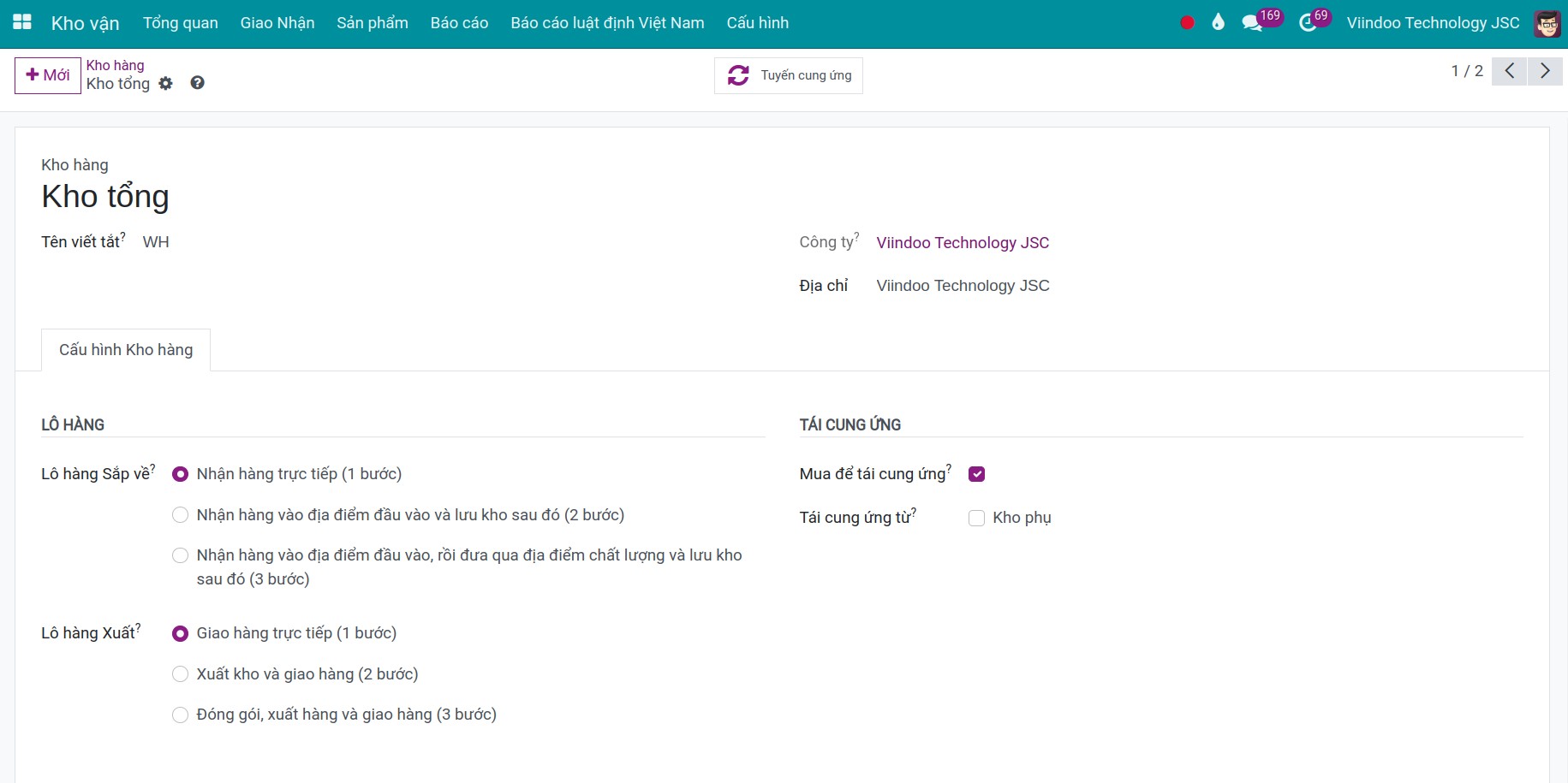 Kho lưu trữ cấu hình 1 bước Kho vận Viindoo