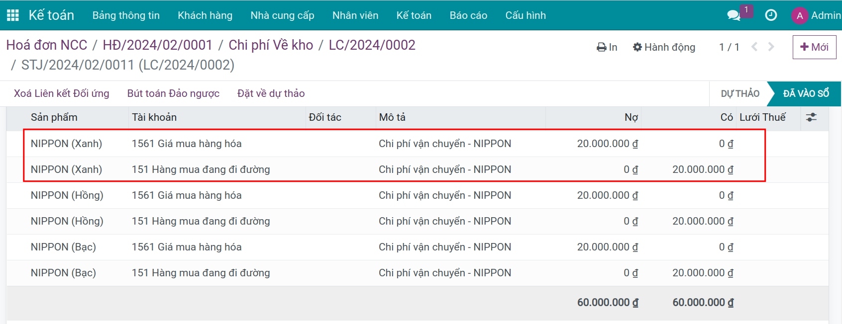 Bút toán kế toán chi phí về kho - Viindoo Accounting