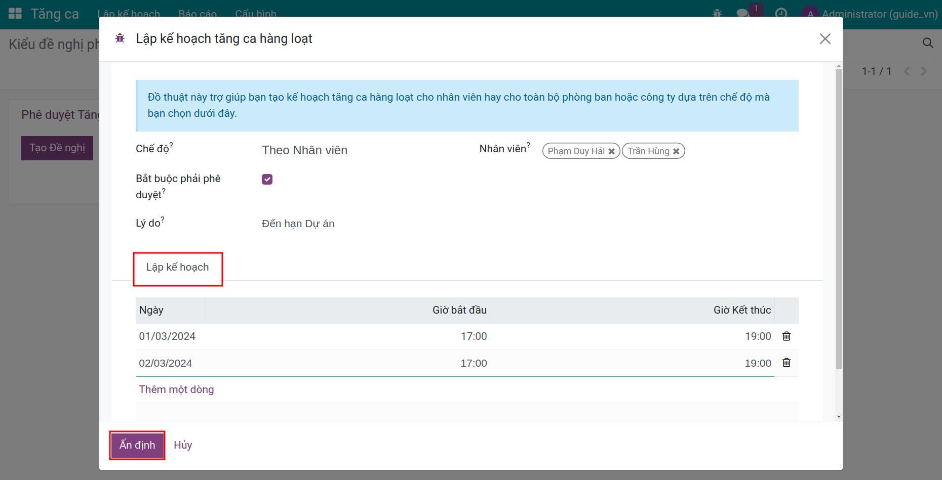 Tab lập kế hoạch