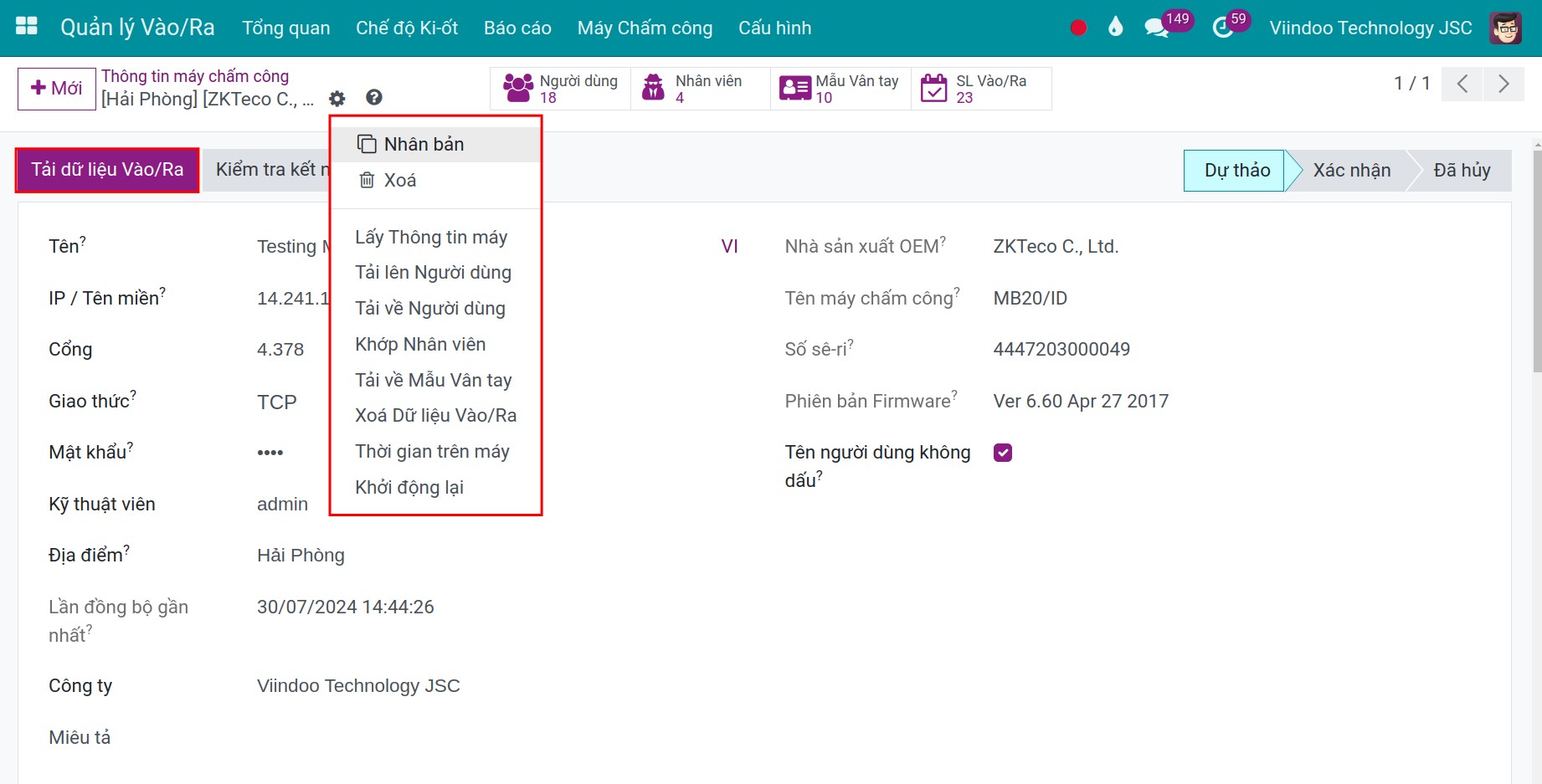 Các nút trên giao diện thông tin thiết bị chấm công
