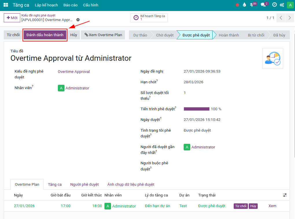 Phê duyệt tăng ca nghỉ bù