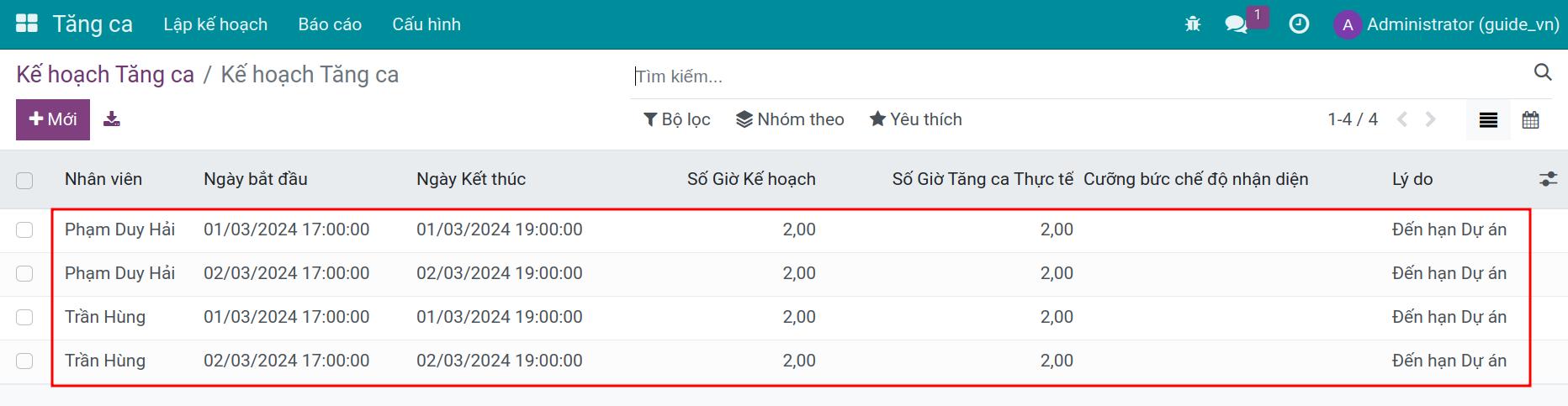 Lập kế hoạch Tăng ca