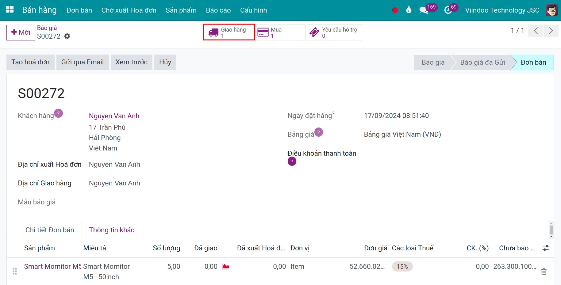 Nút giao hàng Kho vận Viindoo