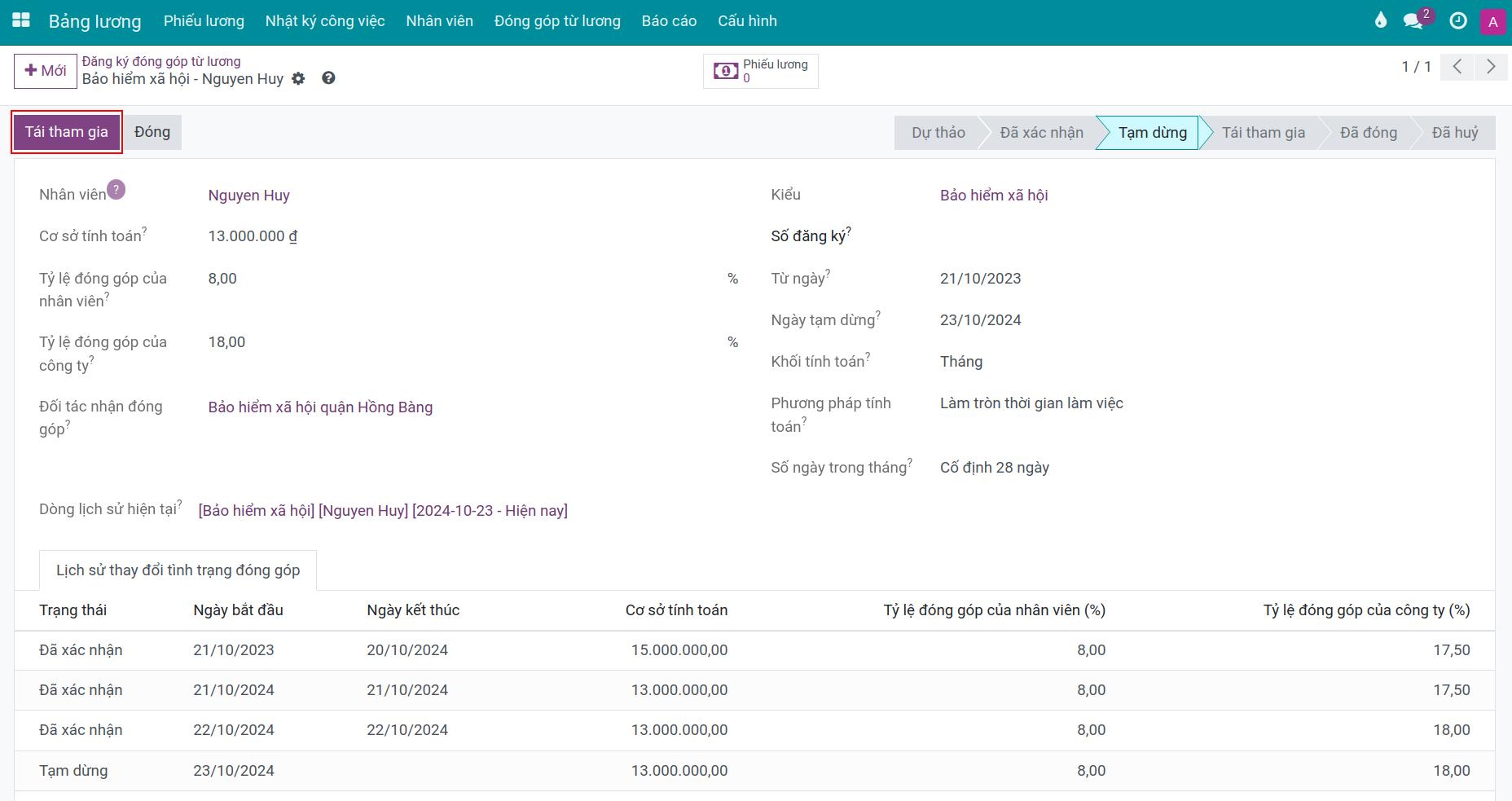 Hiển thị nút Tái tham gia bảo hiểm trên bản ghi đã tạm dừng